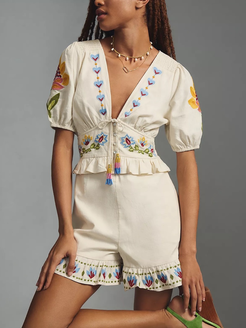 Farm Rio Embroidered Peplum Romper Women’s Small
